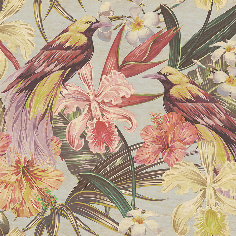 Exotische vogels 1 - Exotische vogels en bloemen behang in multiplex structuur - Beige, Roze | Mat glad vlies
