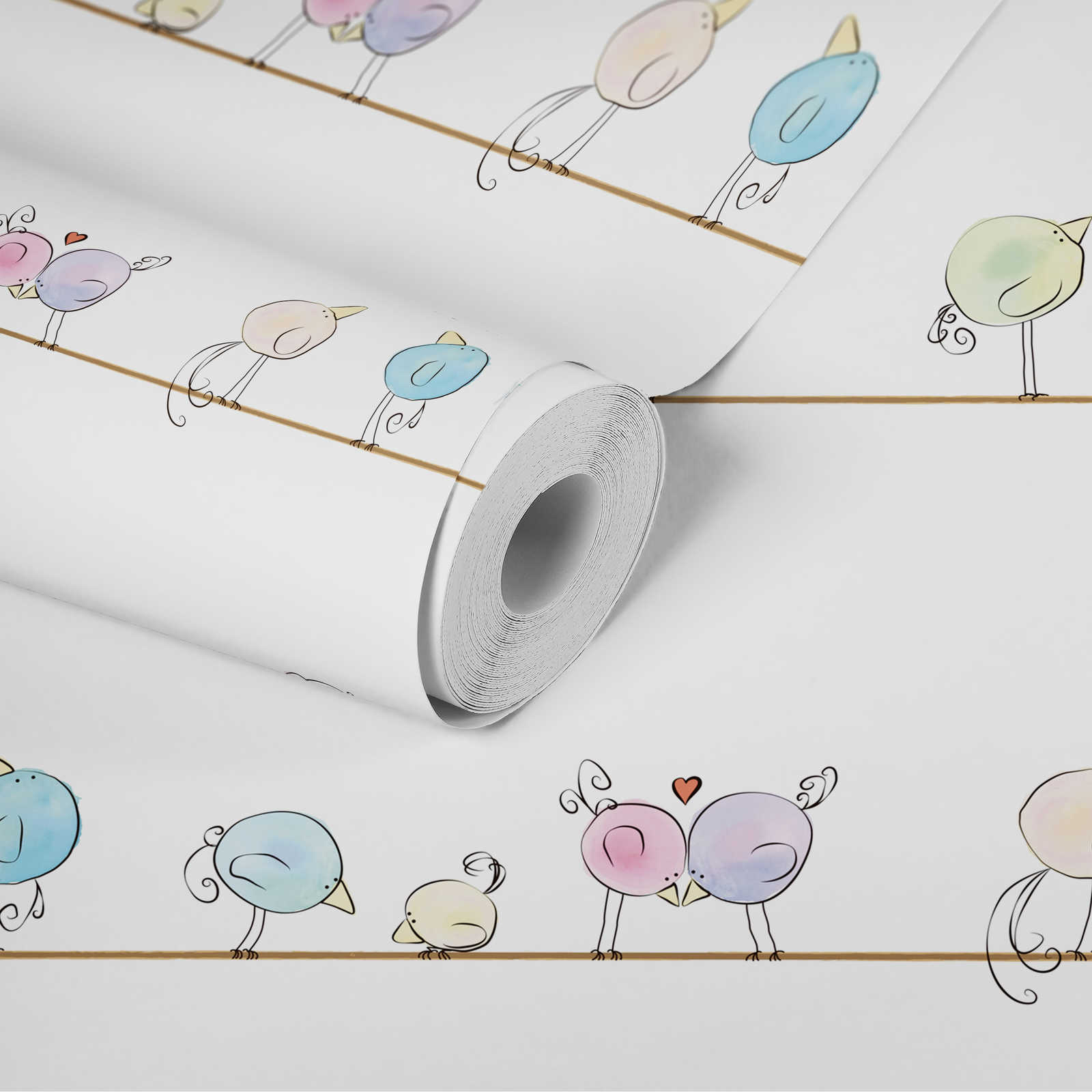             Carta da parati per la camera dei bambini con acquerelli e uccelli - colorata, bianca, blu
        