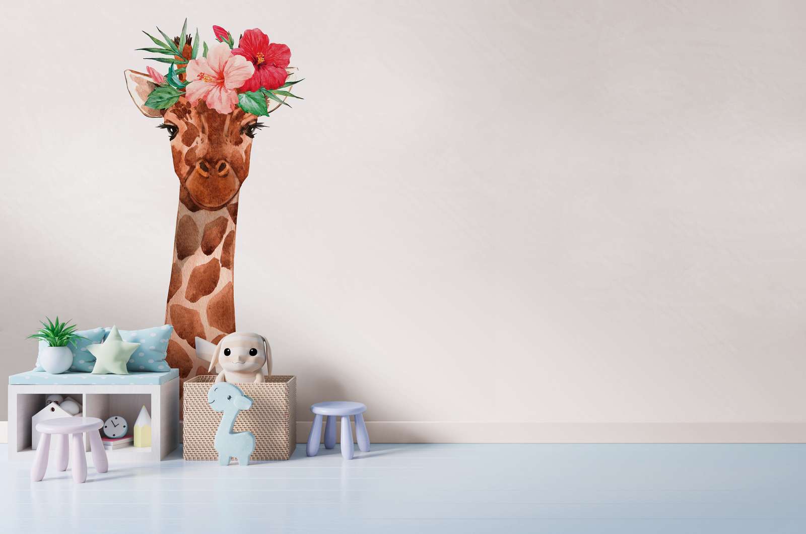             Papel pintado para la habitación de los niños con jirafa y tocado floral - blanco, colorido
        