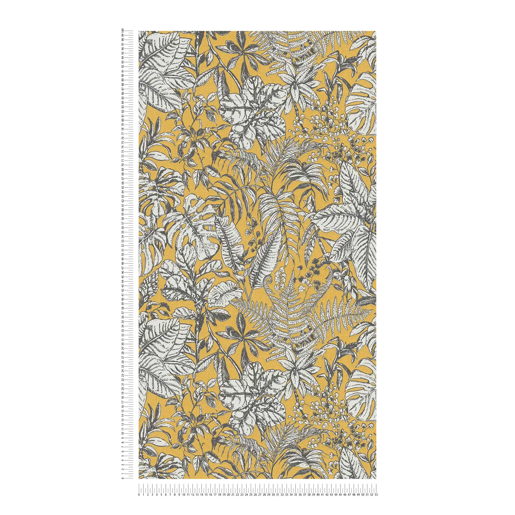             Papel pintado no tejido selva, hojas de monstera y helechos - amarillo, blanco, gris
        
