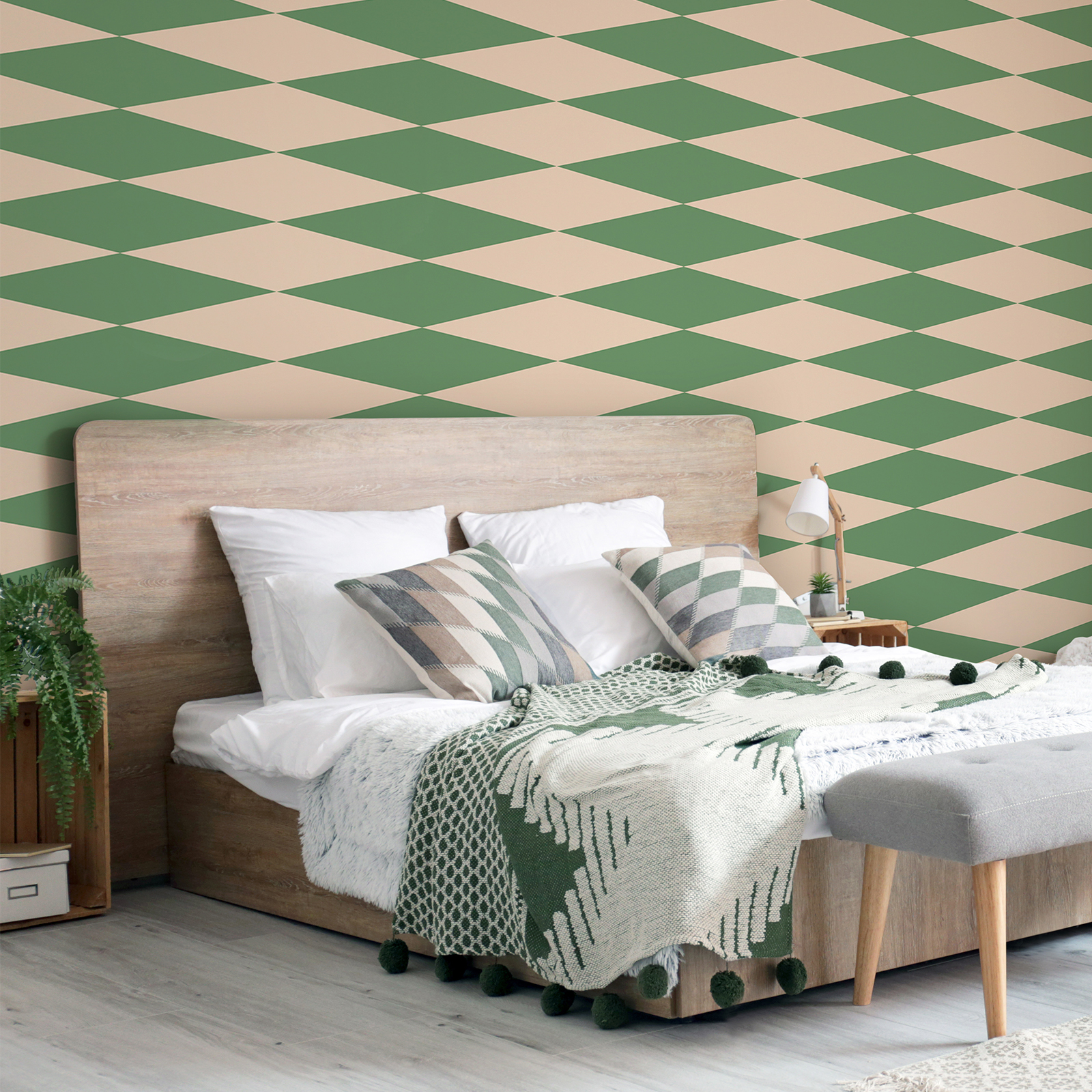 70s look diamond pattern wallpaper - Green, Beige | Pearl smooth fleece
