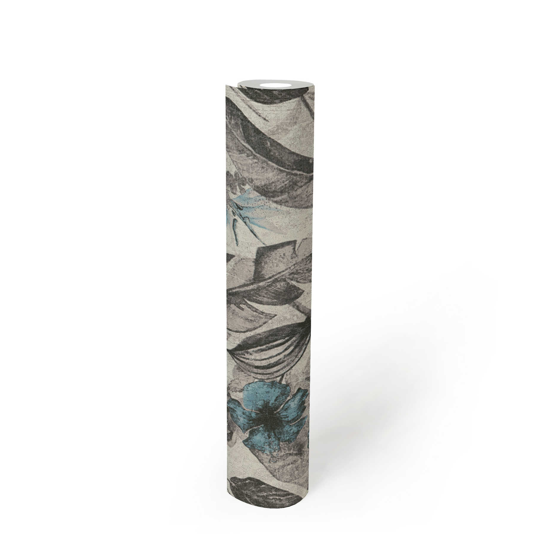             Papier peint motif fleurs tropicales aspect textile - bleu, gris, noir
        