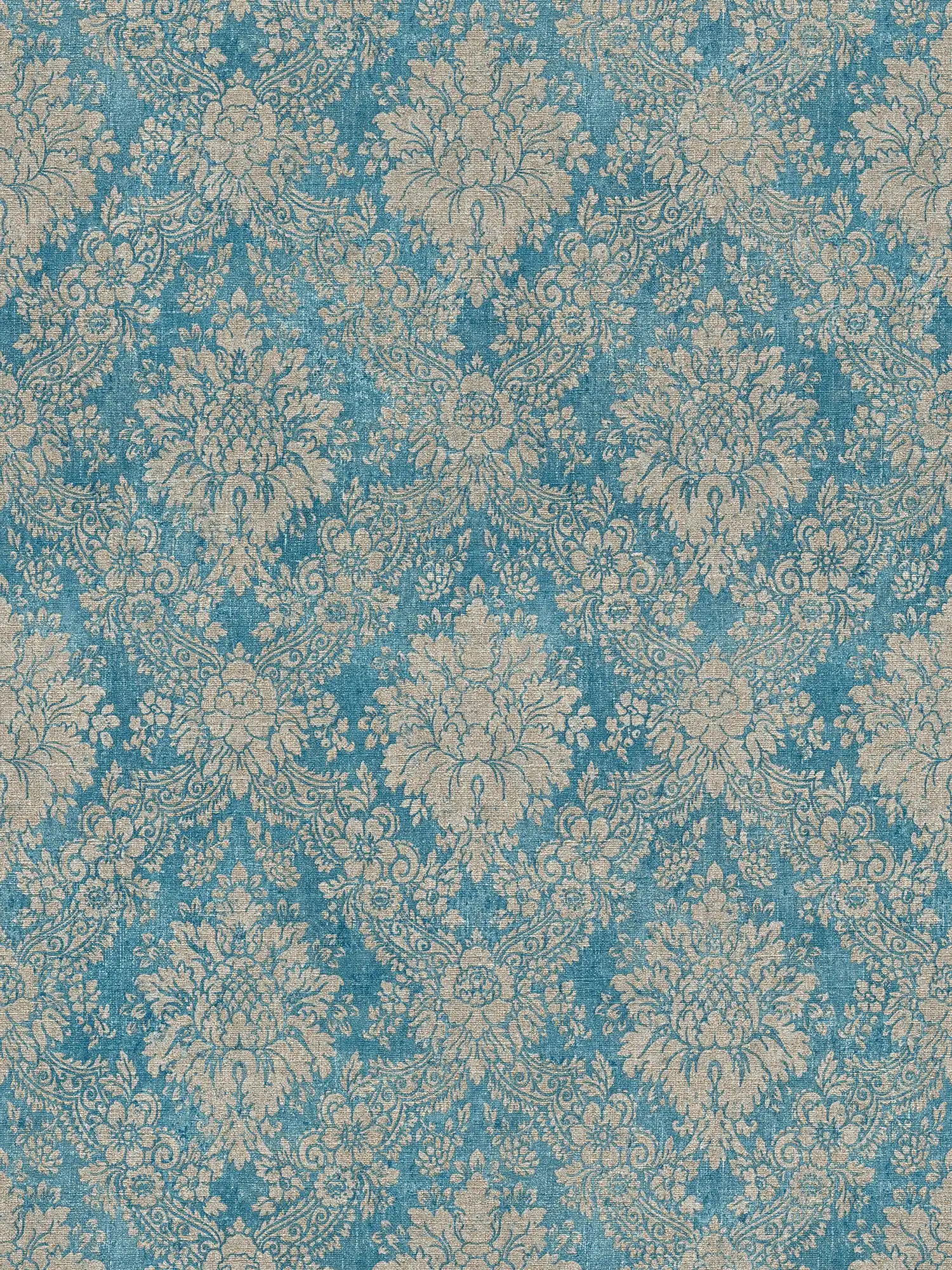 Papier peint ornemental floral avec effet métallique & aspect usé - bleu, marron, métallique
