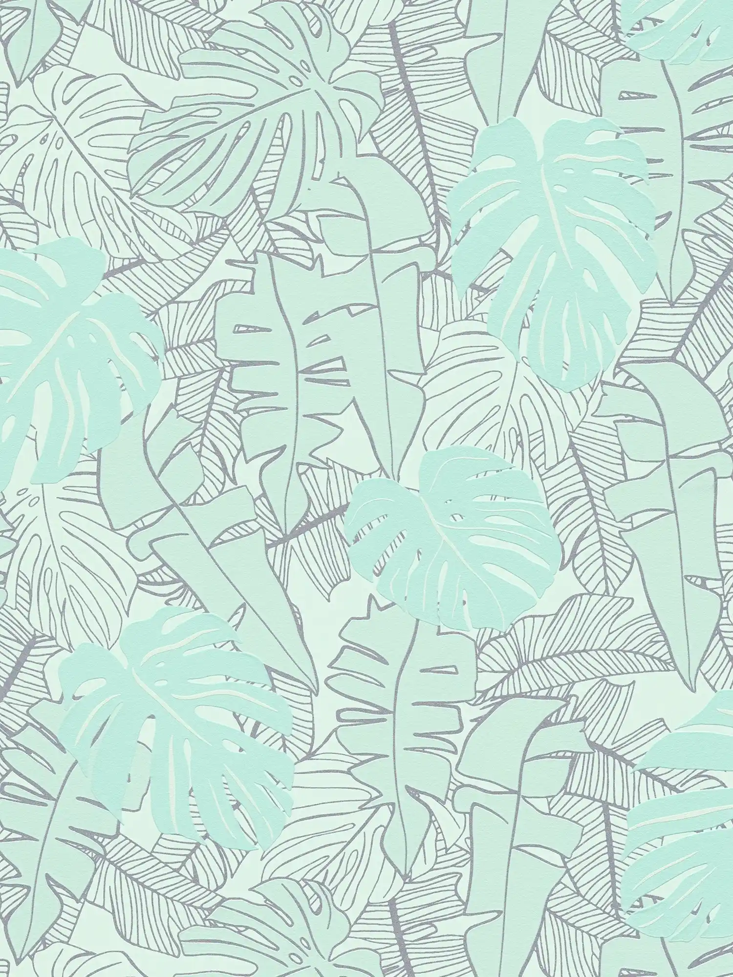 Pastel non-woven wallpaper with banana leaves & glossy effect - mint, green, metallic

