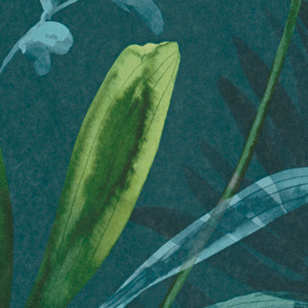             Donkergroen behang met bladerenpatroon in aquarelstijl - Blauw, Groen
        