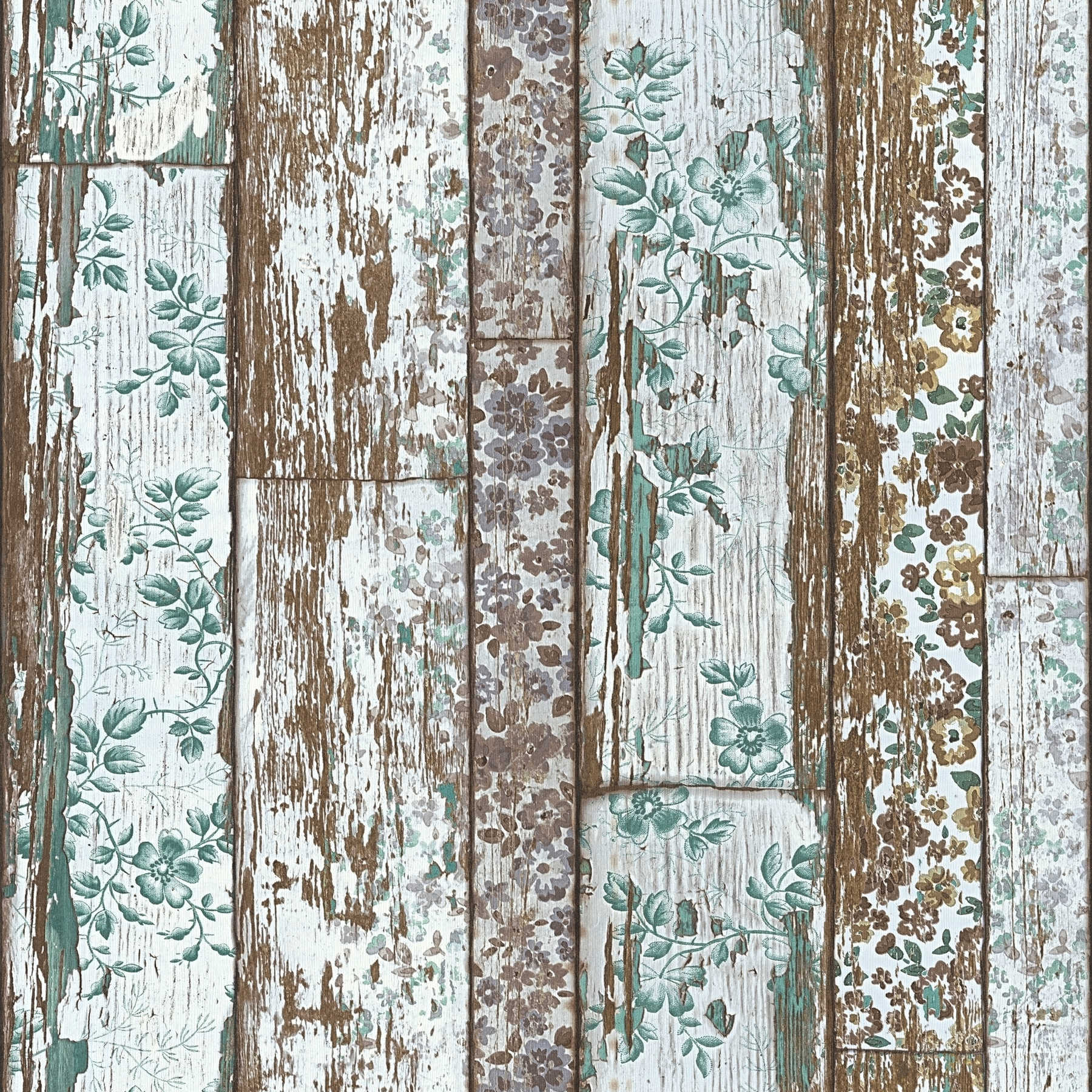 Papier peint rustique imitation planche avec imprimé floral vintage - vert, marron, gris
