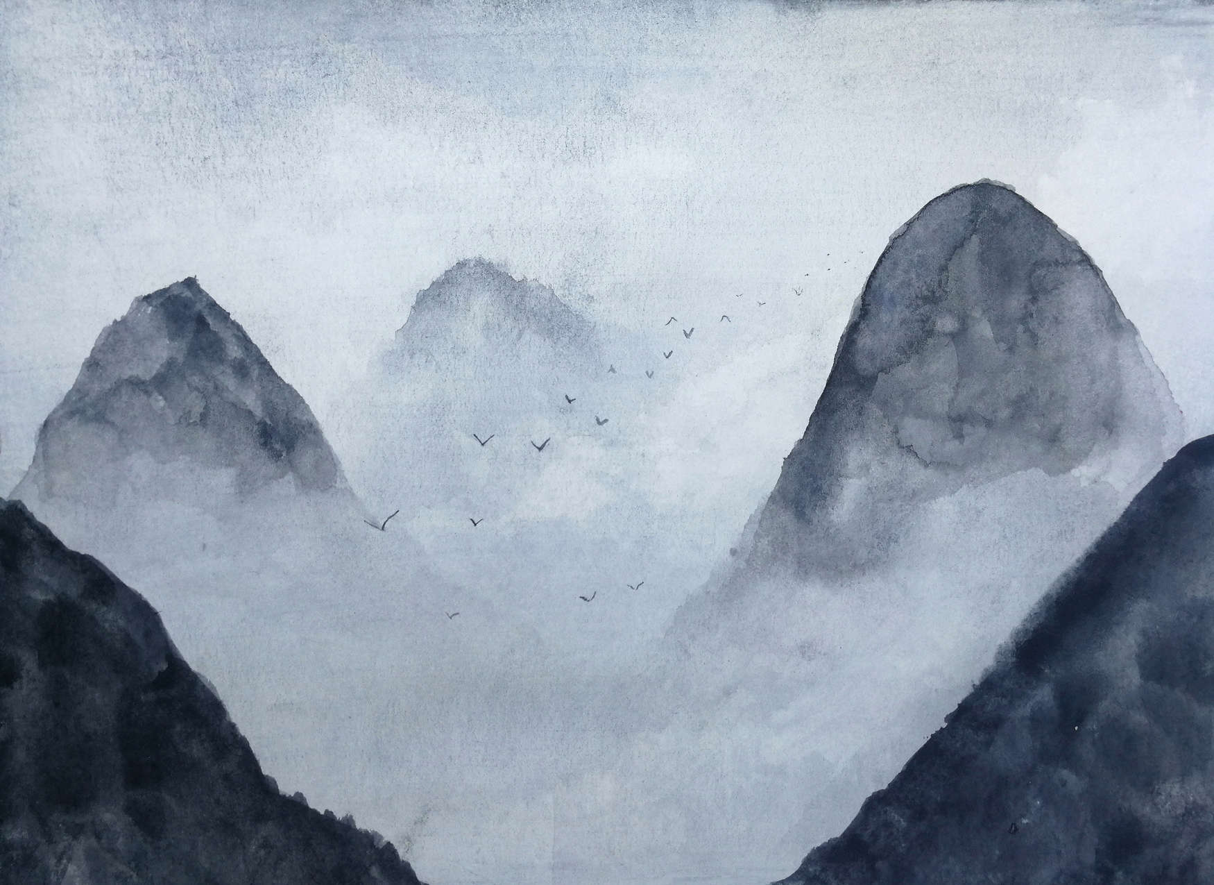             Papel pintado Paisaje de montaña en acuarela - Gris, Negro
        