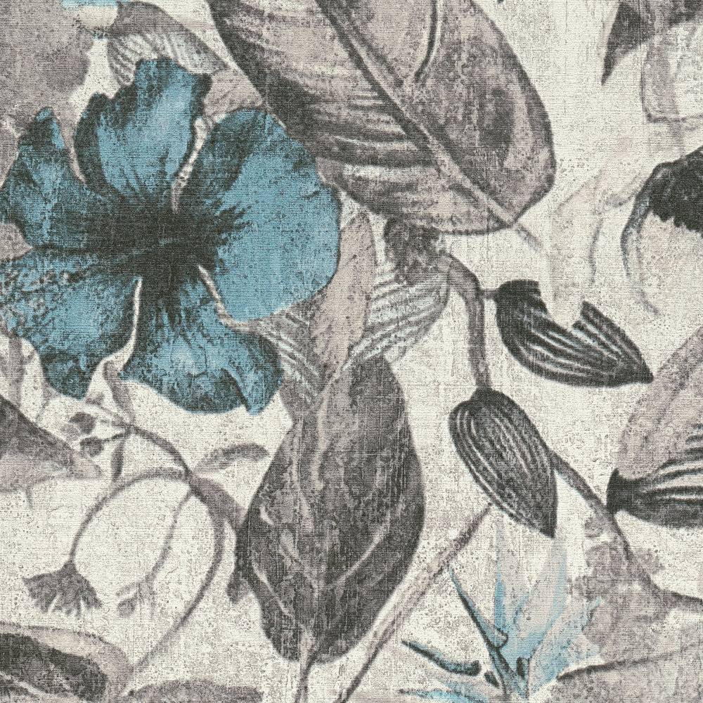             behang tropisch bloemenpatroon in textiellook - blauw, grijs, zwart
        