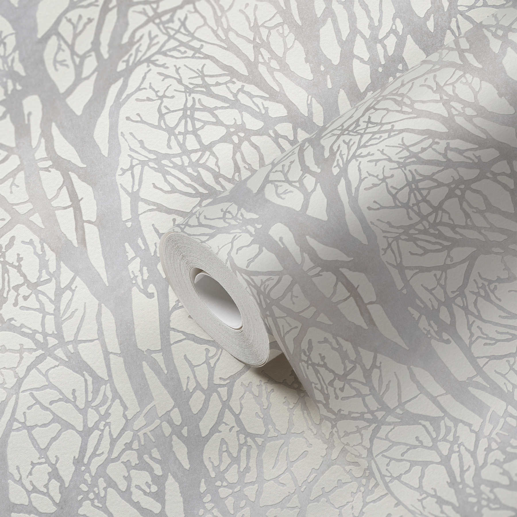             Papier peint gris argenté avec motif de branches et effet métallique - blanc, argenté
        