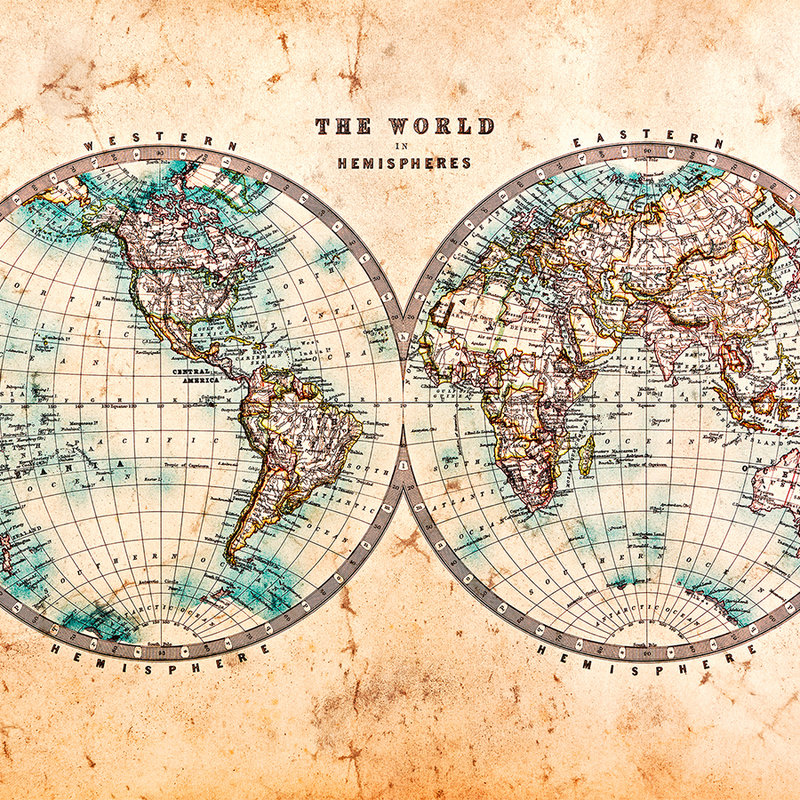         Vintage world map in hemispheres - brown, beige, blue
    