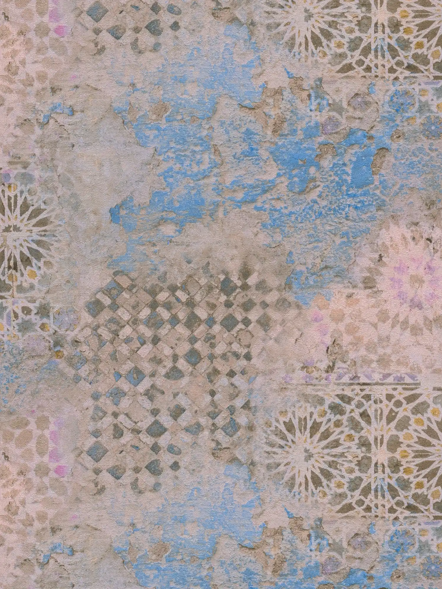 Papier peint mosaïque coloré à l'aspect rustique - beige, bleu, marron
