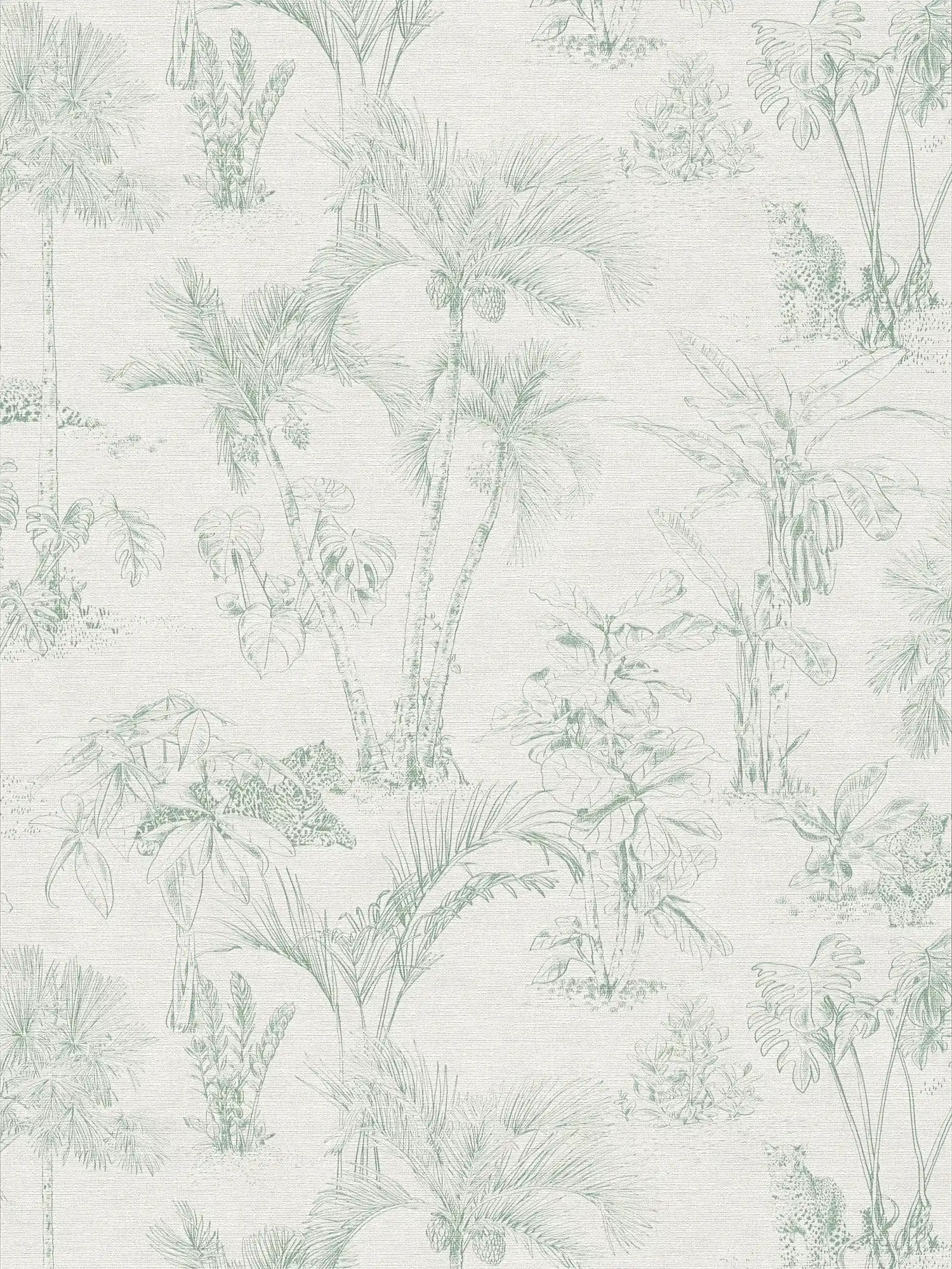 Papel pintado de lino con diseño de selva con palmeras - gris, verde
