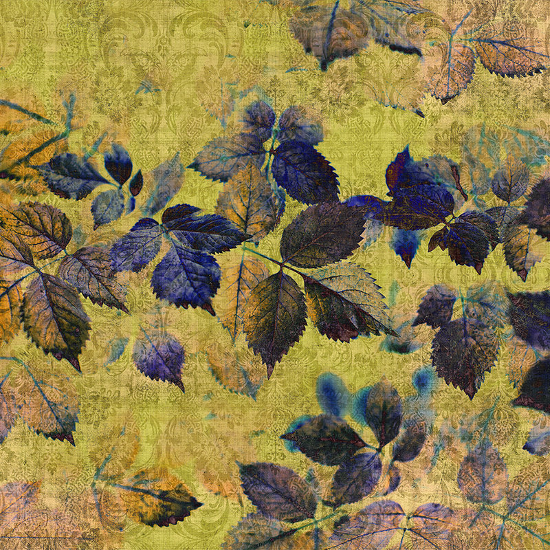 Verano indio 1 - Fotomural con hojas y ornamentos en estructura de lino natural - Amarillo, Naranja | Perla liso no tejido
