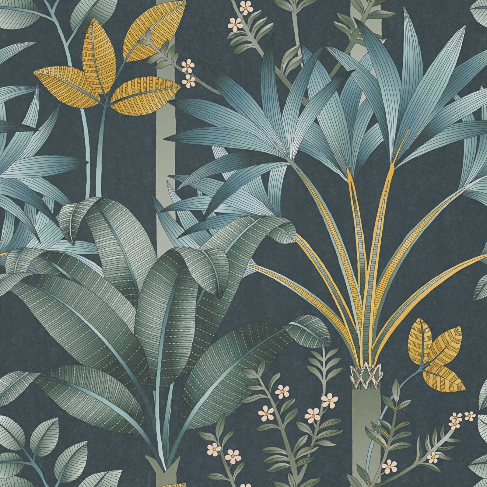 Floral non-woven wallpaper with leaf pattern - multicoloured, petrol, green
