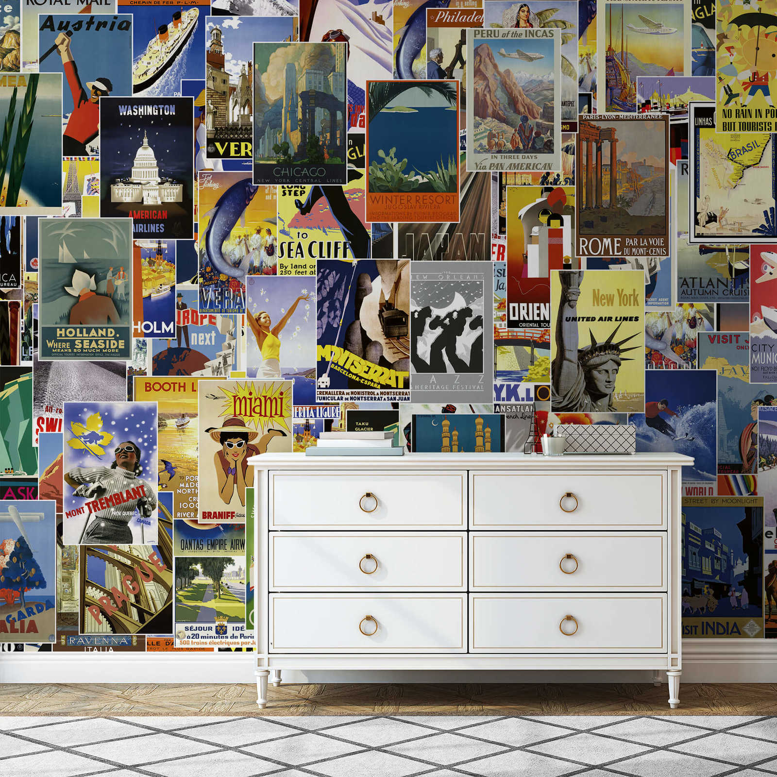             Vintage poster wall mural with travel motifs - Colorful
        
