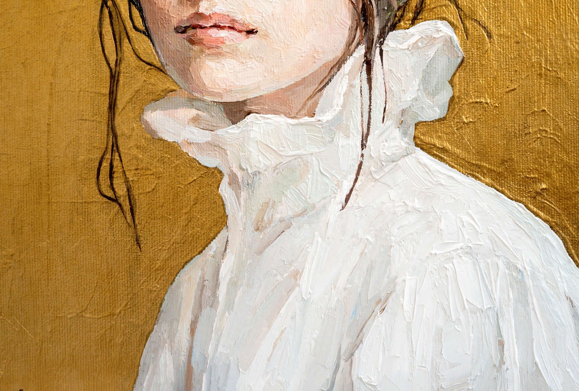             Digital behang »golda« - Gedeeltelijk vrouwenportret - kunstwerk met linnenstructuur | Glad, licht glanzend premium vliesmateriaal
        