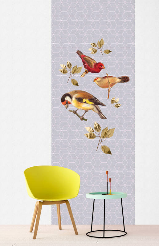             Panel de pájaros - Panel fotográfico con pájaros y motivos geométricos - Textura de lino natural - Azul, morado | Vellón liso de primera calidad
        