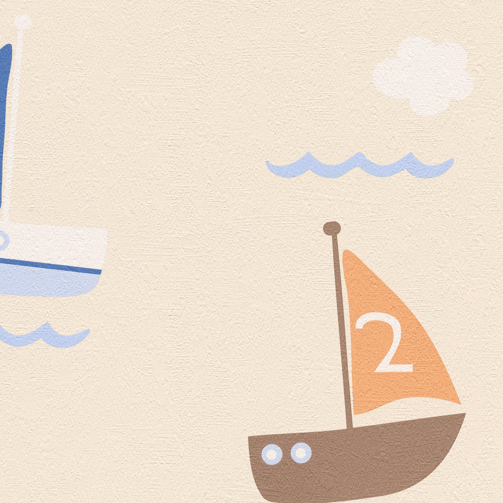             Papier peint chambre enfant avec bateau, bateau & phare - bleu, beige
        