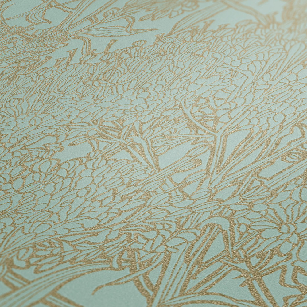             Papier peint fleuri vert clair avec contours dorés - bleu, vert, or
        