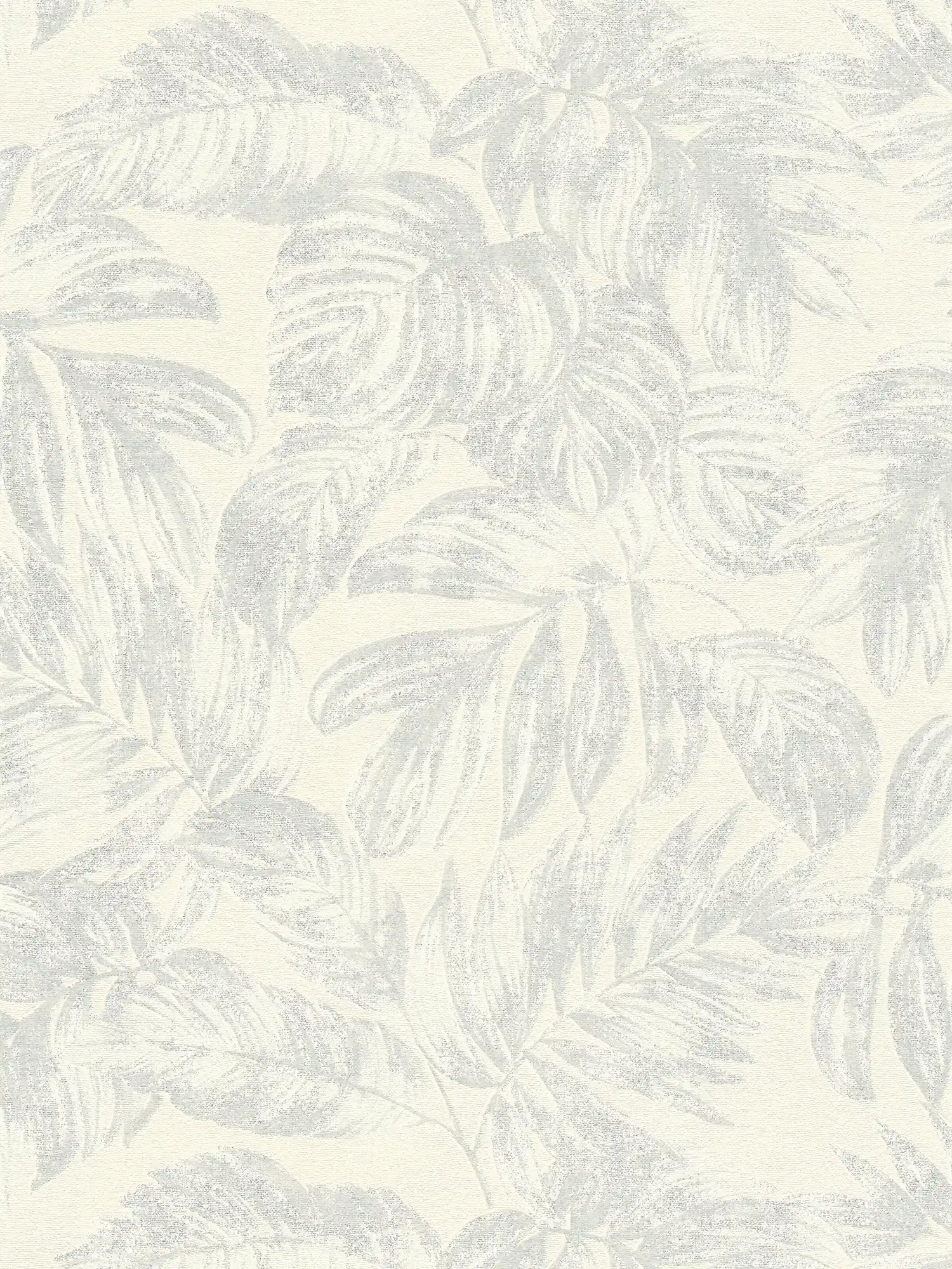 Non-woven wallpaper with jungle leaf pattern in soft colours - white, silver

