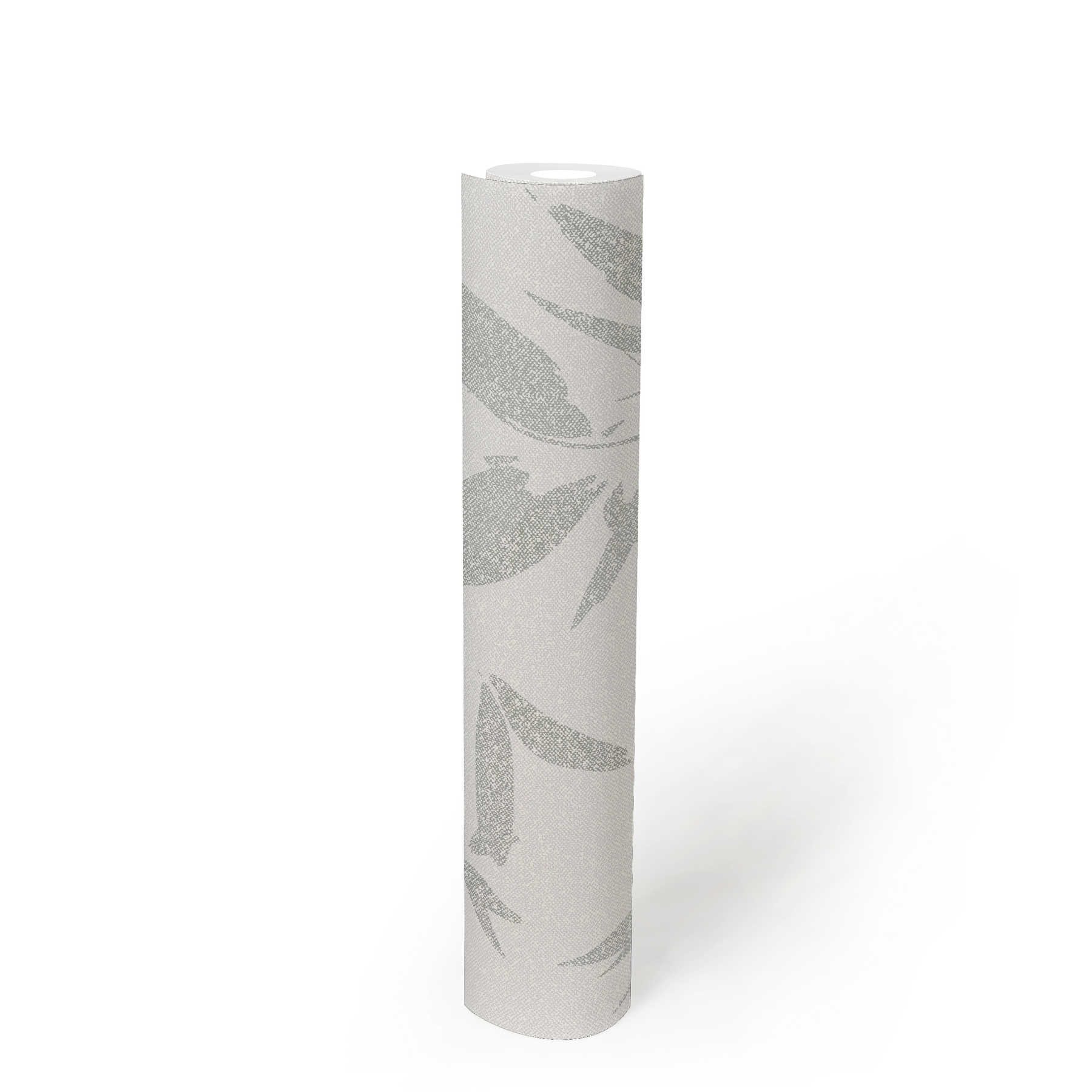             Carta da parati in tessuto non tessuto con motivo a foglie astratto, aspetto tessile - bianco, crema, grigio
        