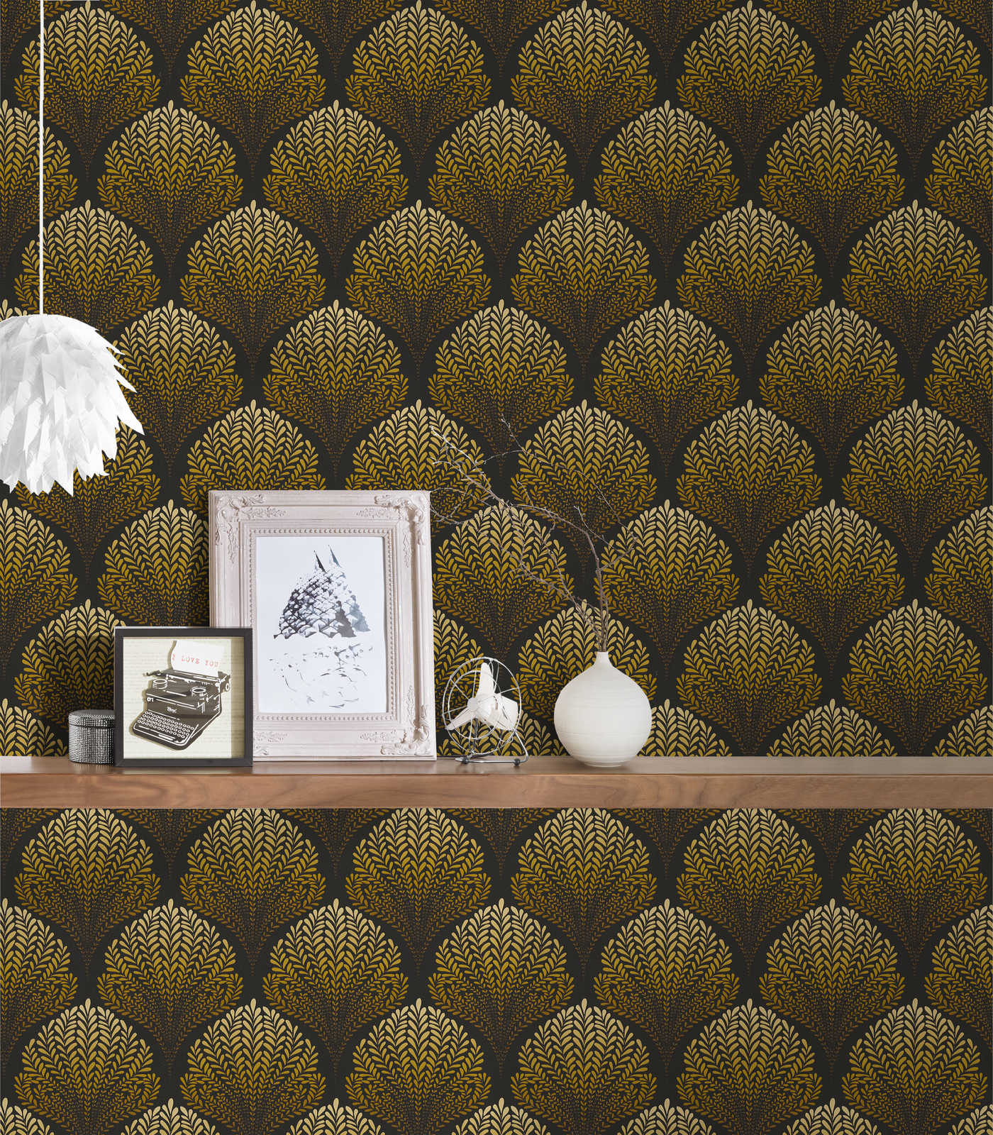             Retro wallpaper with gold ornaments - brown, yellow, black
        
