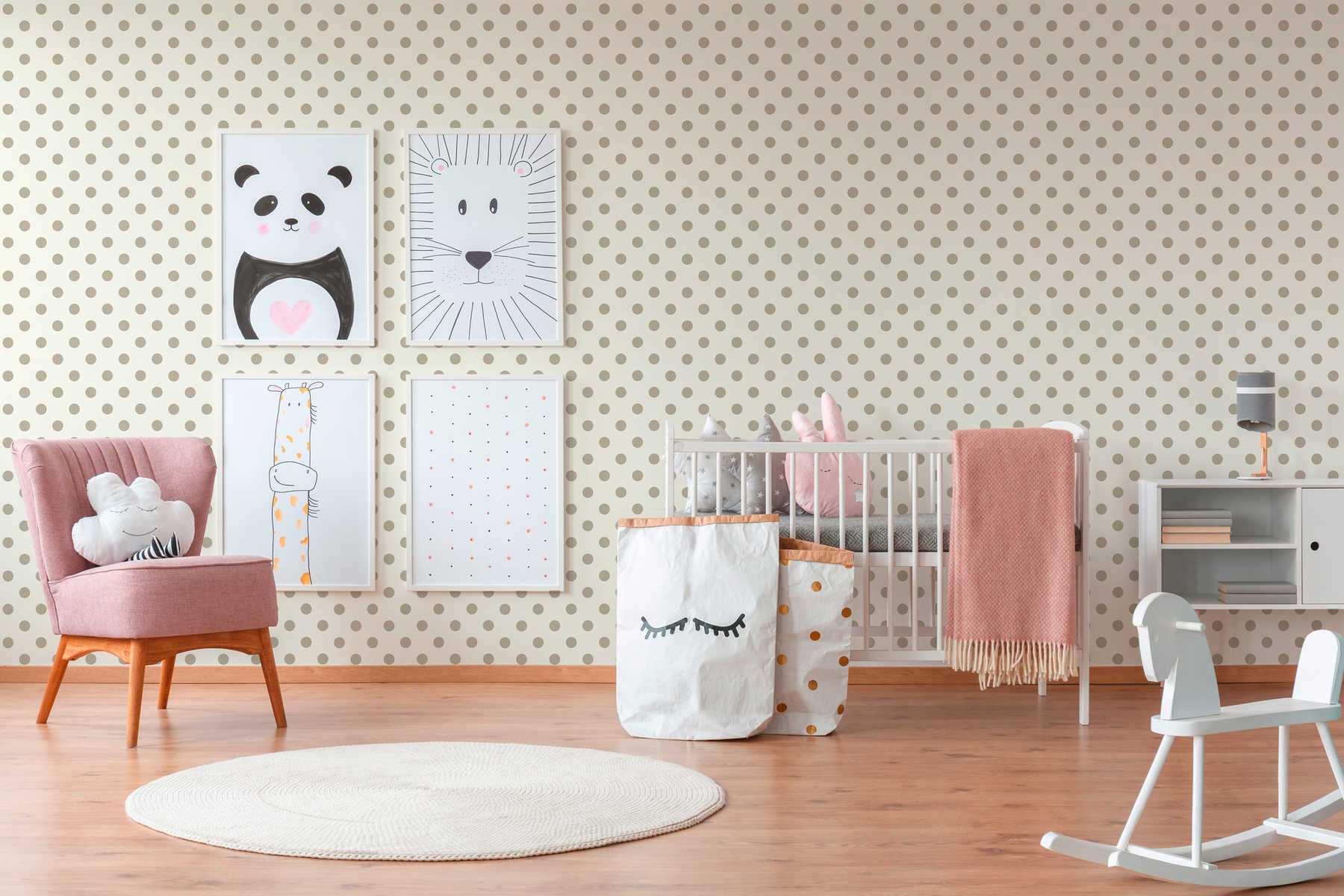             Vliesbehang stippen, stippen design voor kinderkamer - beige, roze
        
