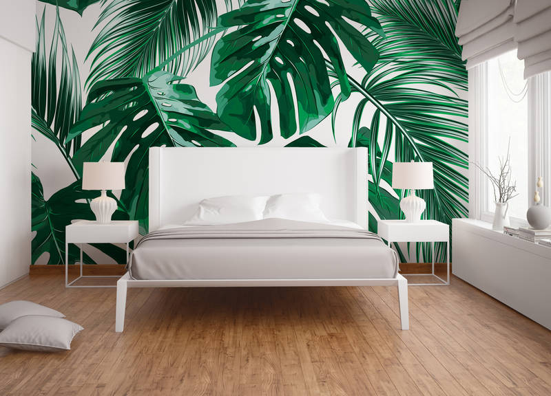             Palm leaves art style mural - Green, White
        