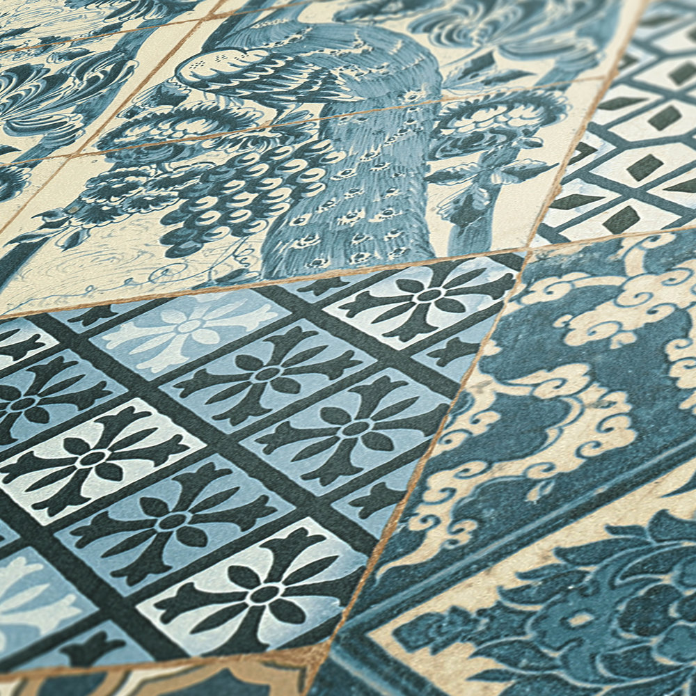             Wallpaper in tile & mosaic design - blue, green, brown
        