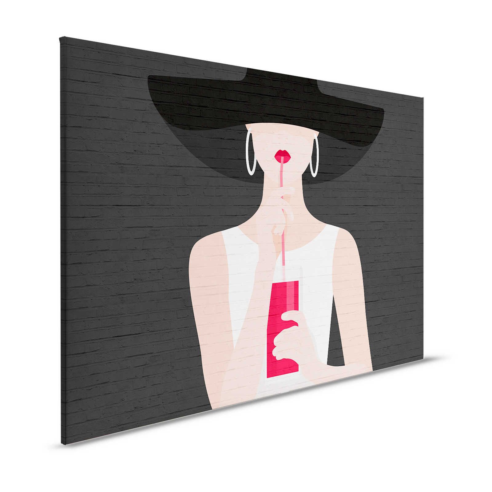Zwart Canvas schilderij Vrouw met Cocktail & Metselwerk - 1.20 m x 0.80 m
