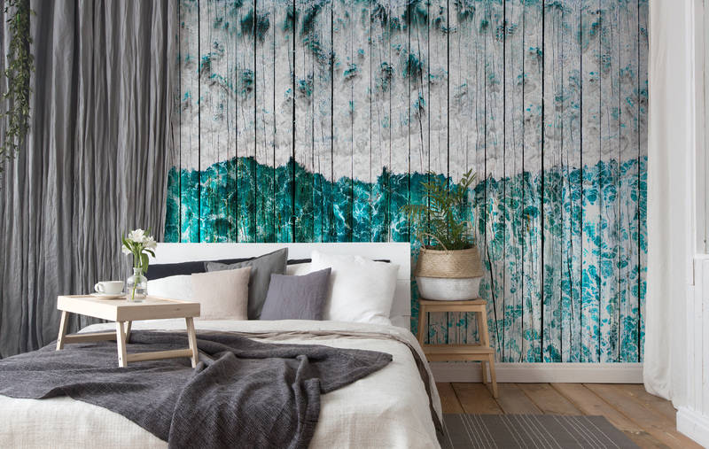             Papier peint panoramique aspect bois usé pour chambre d'adolescent - bleu, blanc, gris
        
