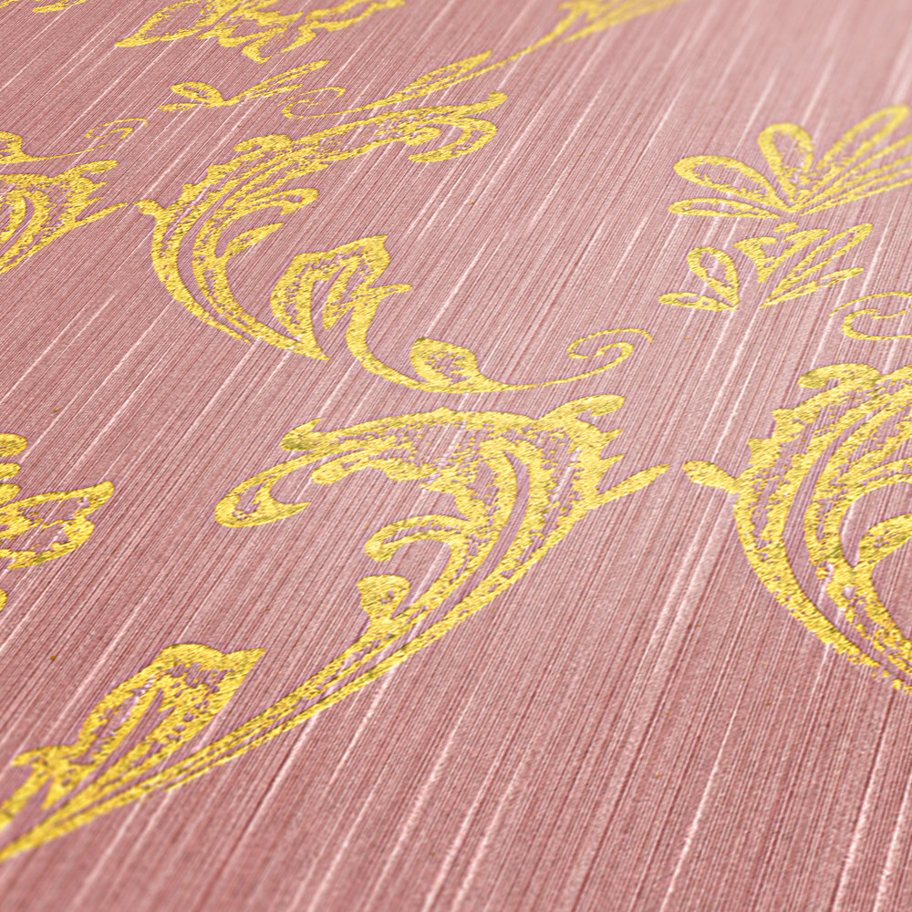             Papel pintado ornamental con elementos florales en oro - oro, rosa
        
