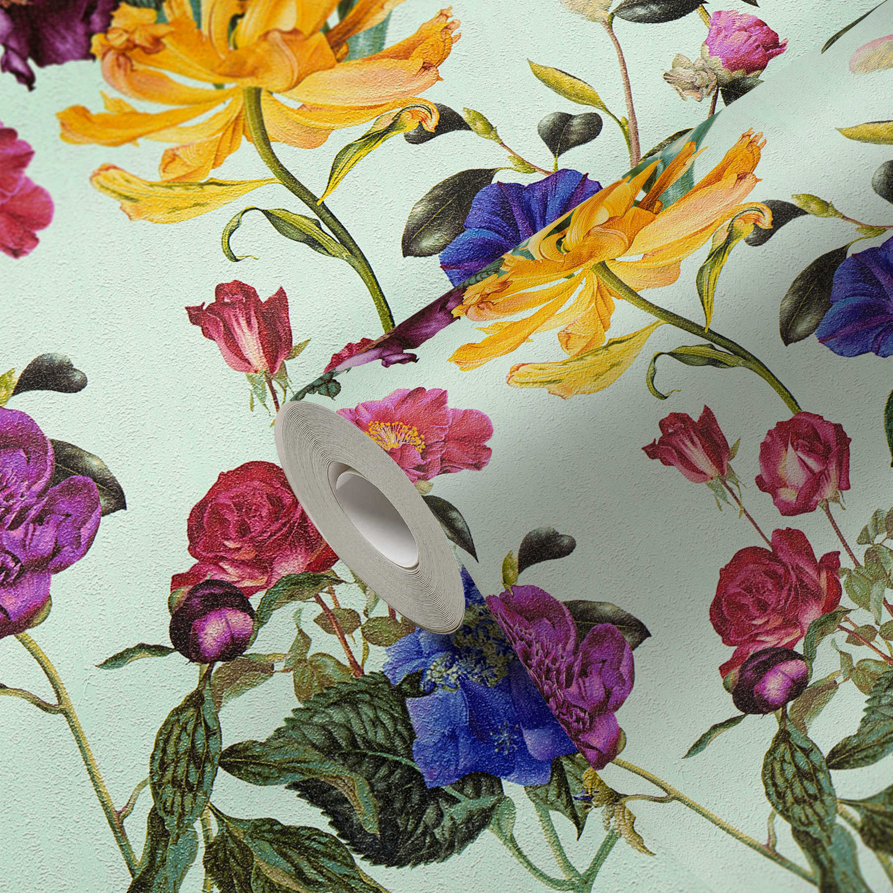             Carta da parati Blossom con fiori dai colori vivaci - blu, verde, rosso
        