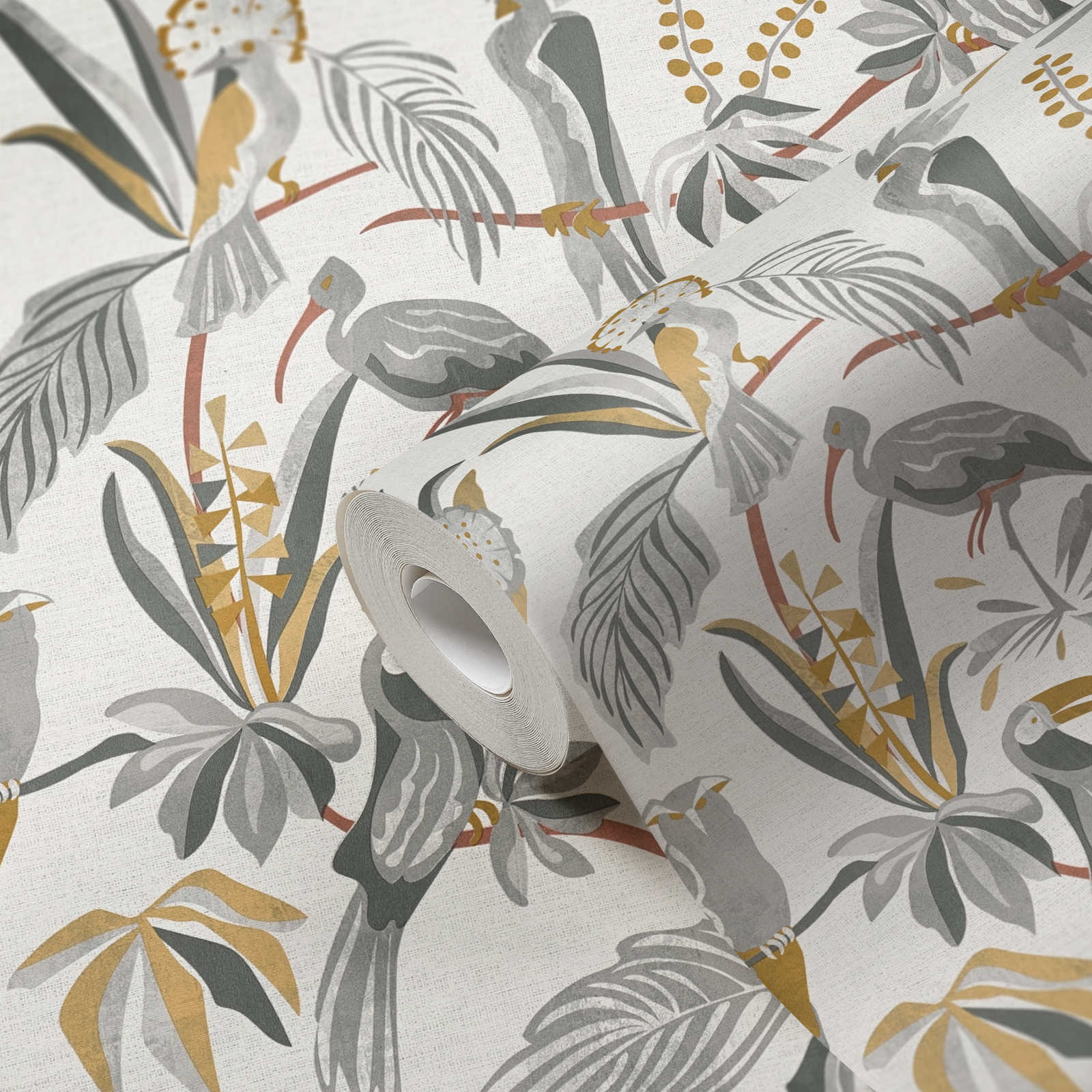             Carta da parati Jungle con foglie di palma e uccelli in look lino - grigio, oro
        