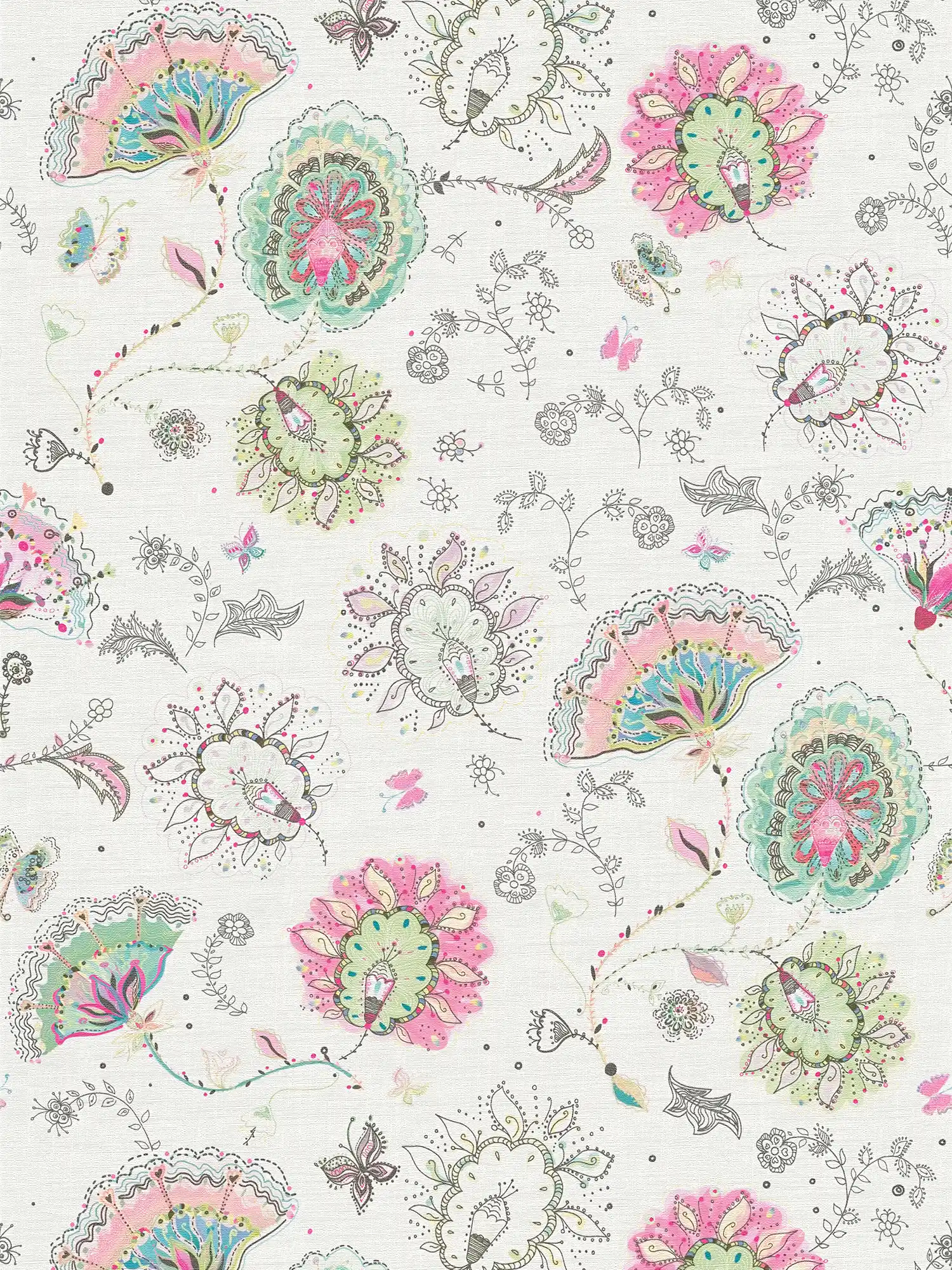 Floral pattern wallpaper in bold colours - cream, green, pink
