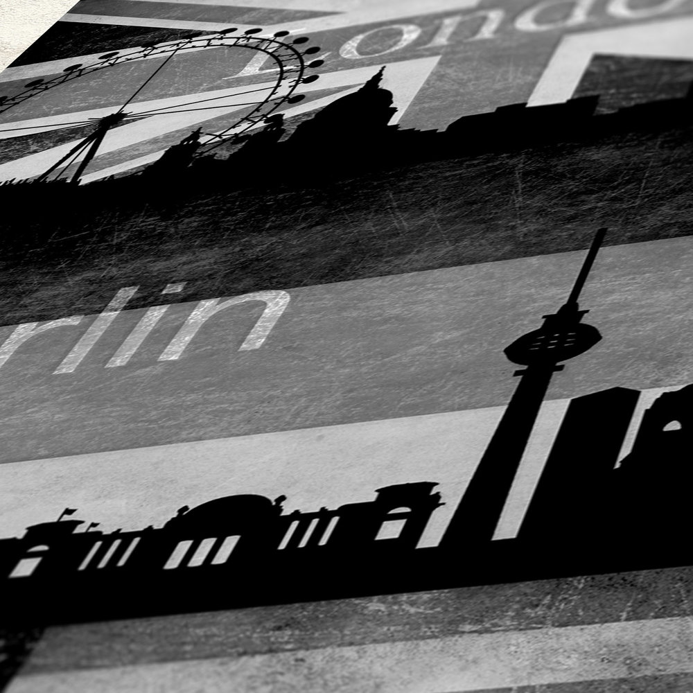             Panneau de papier peint Londres, New York & Paris en look rétro - noir, blanc
        