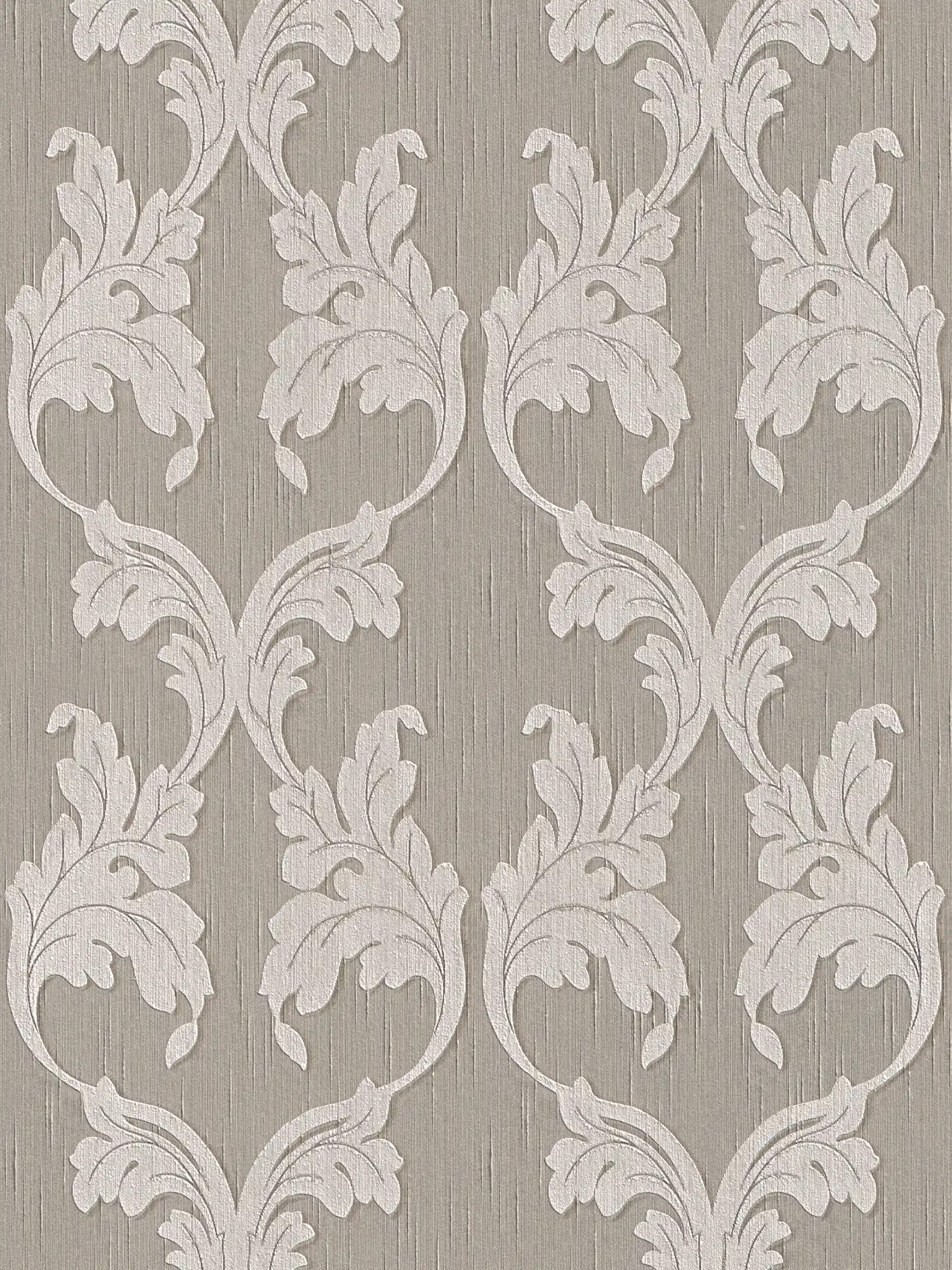 papier peint en papier baroque avec ornements floraux à rinceaux - gris, beige
