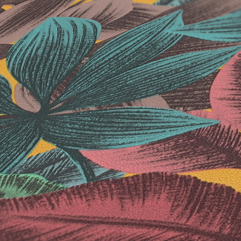             Papier peint intissé avec motif de feuilles dans des couleurs vives - multicolore, bleu, rose
        
