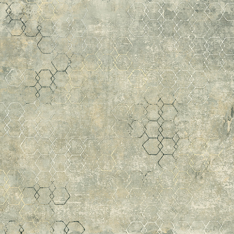 Photo wallpaper concrete with hexagon design & used look - green, white, beige
