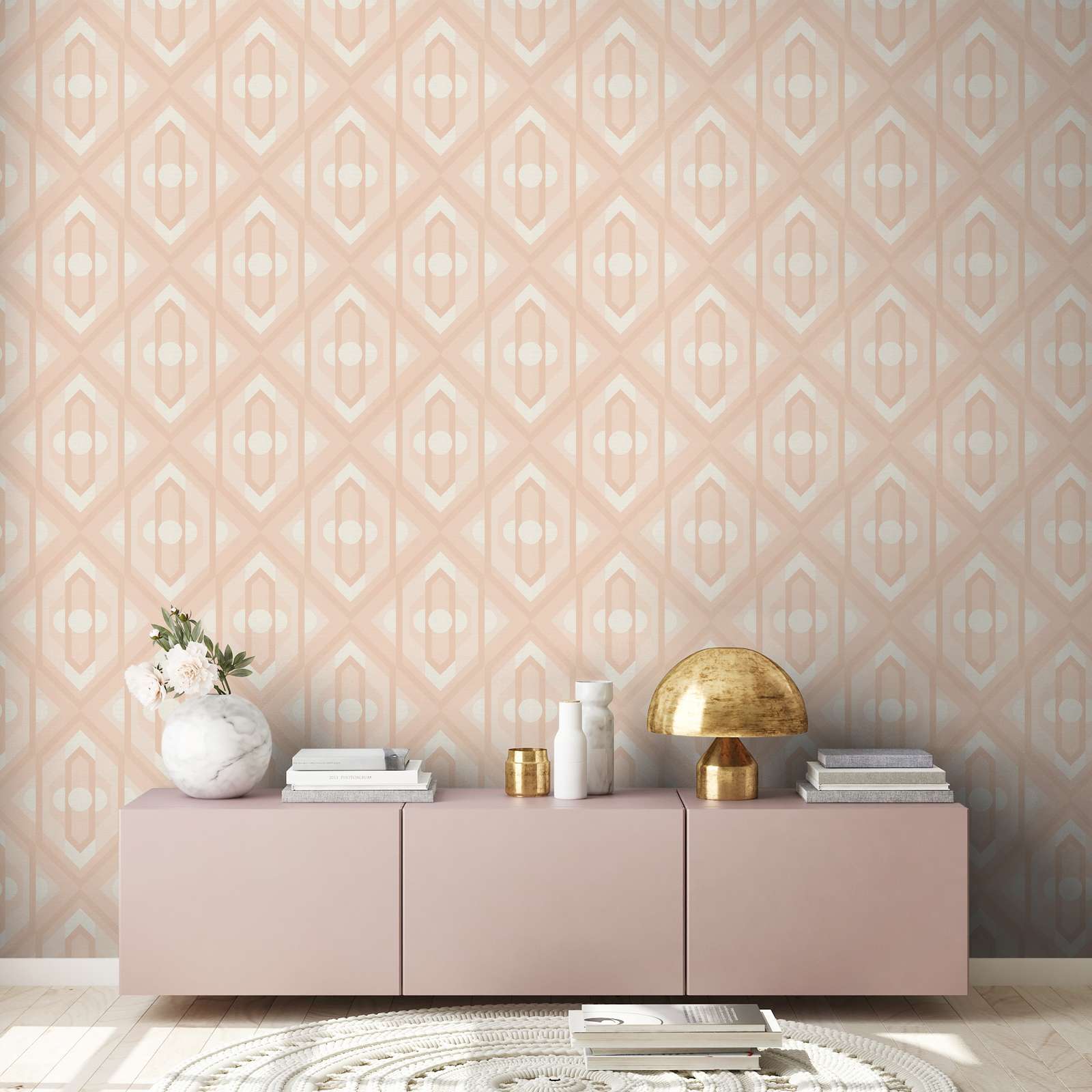             Retro wallpaper with geometric ornaments in soft colours - beige, cream, white
        