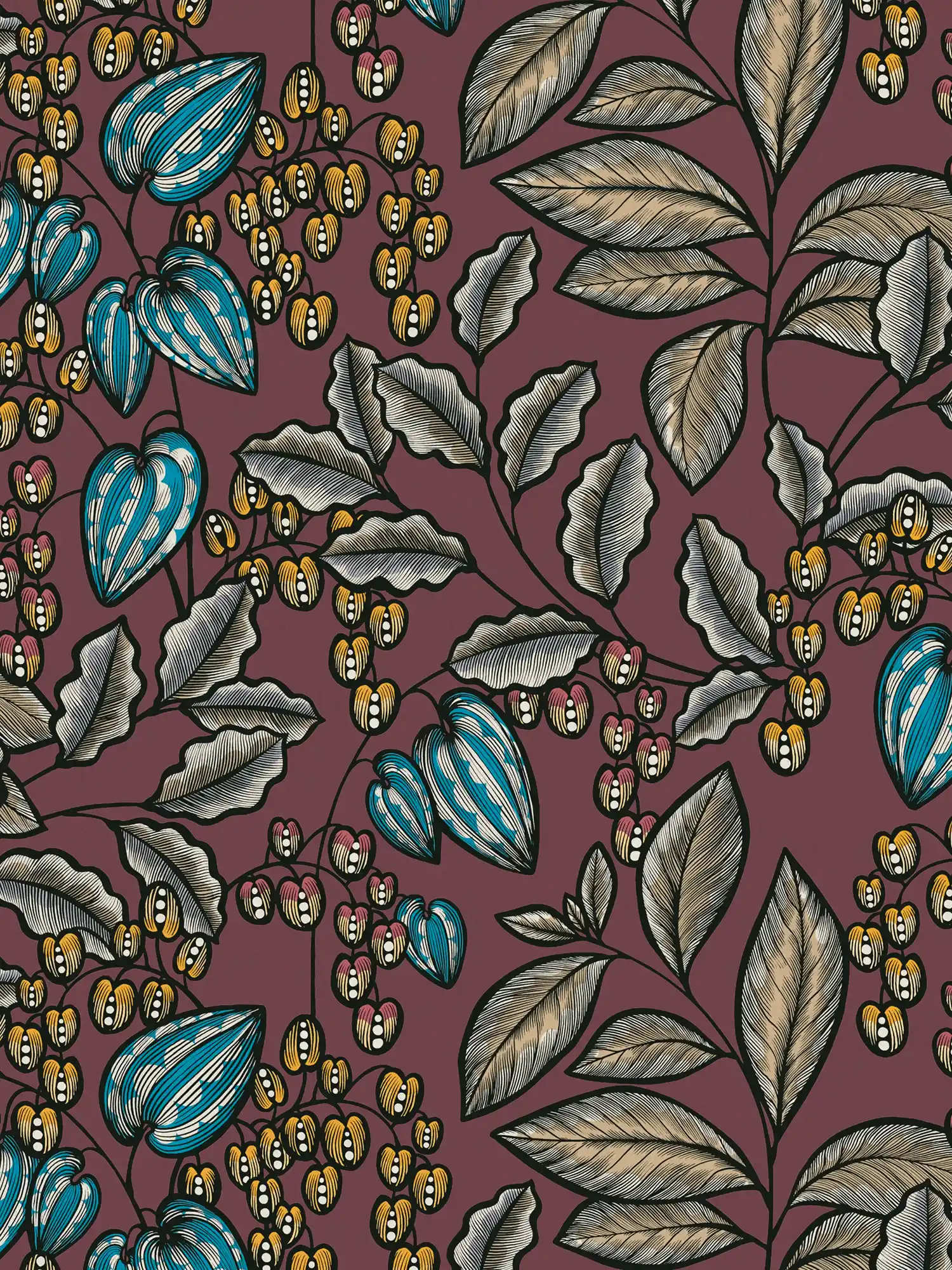         Bloemenbehang paars met bladerenprint in Scandinavische stijl
    