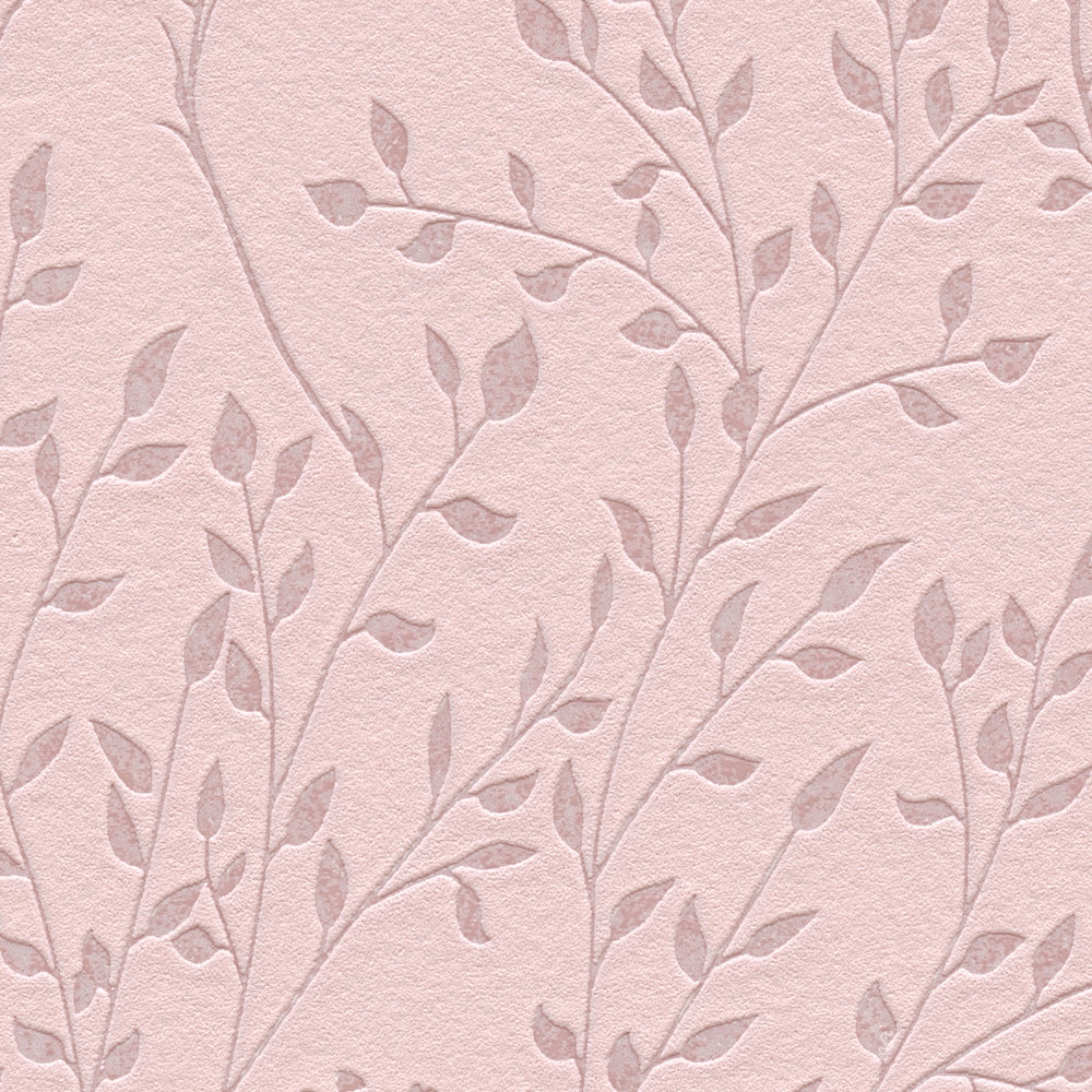             Carta da parati a tinta unita rosa con motivo a foglie, effetto lucido e texture
        
