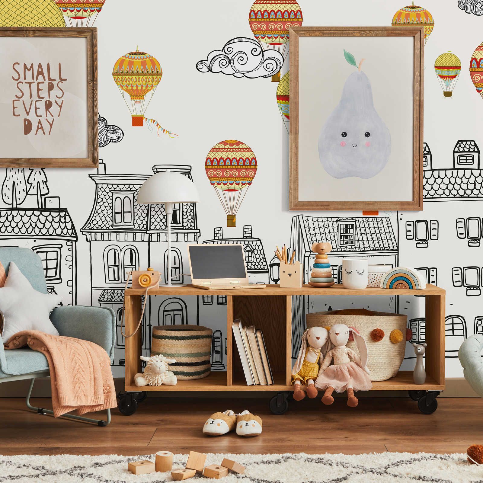 Small Town with Hot Air Balloons Wallpaper - Smooth & Pearlescent Non-woven

