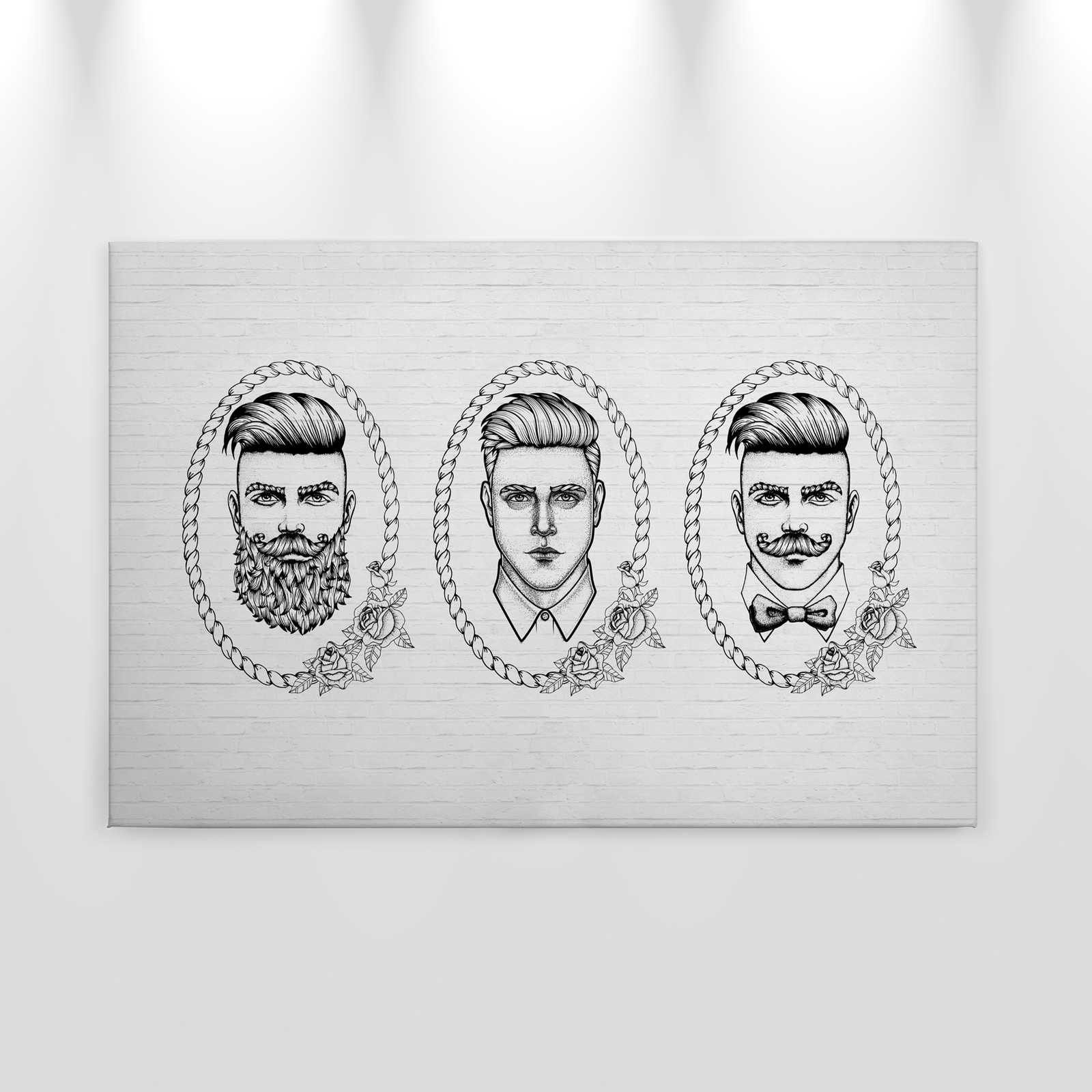             Zwart-wit canvas schilderij met mannenportretten in komische stijl - 0.90 m x 0.60 m
        