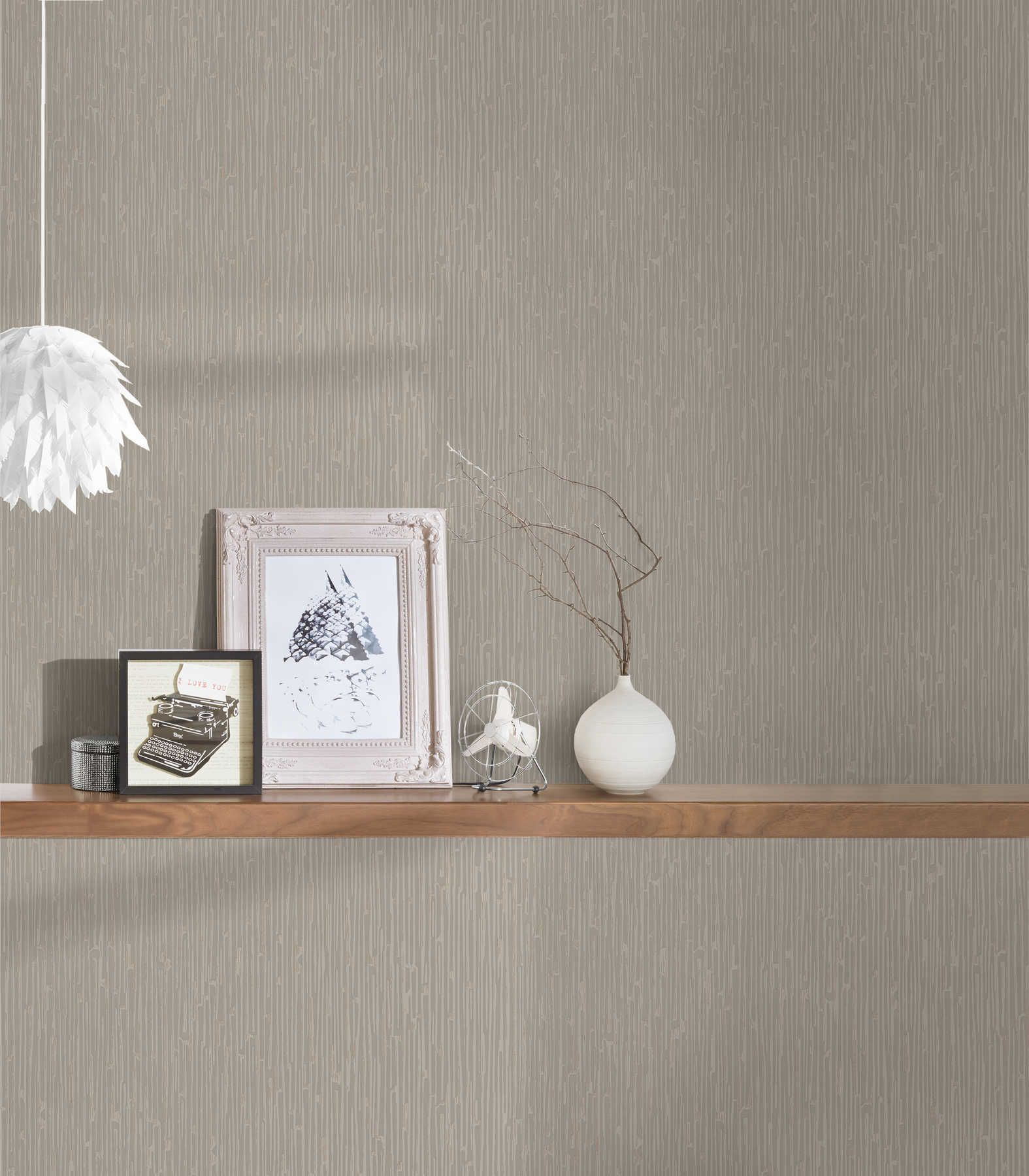             Non-woven wallpaper taupe with tone-on-tone texture effect
        