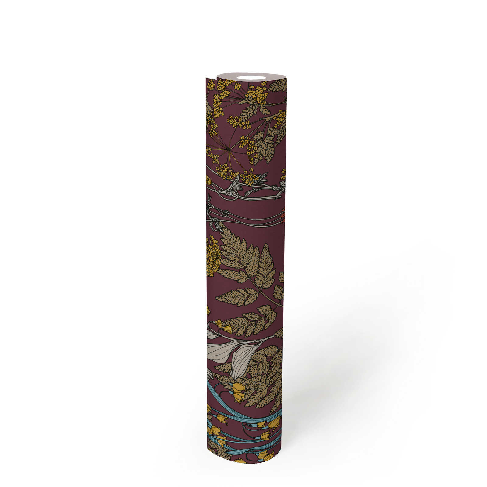             Papier peint violet avec motifs de feuilles et de fleurs colorés - rouge, jaune, bleu
        