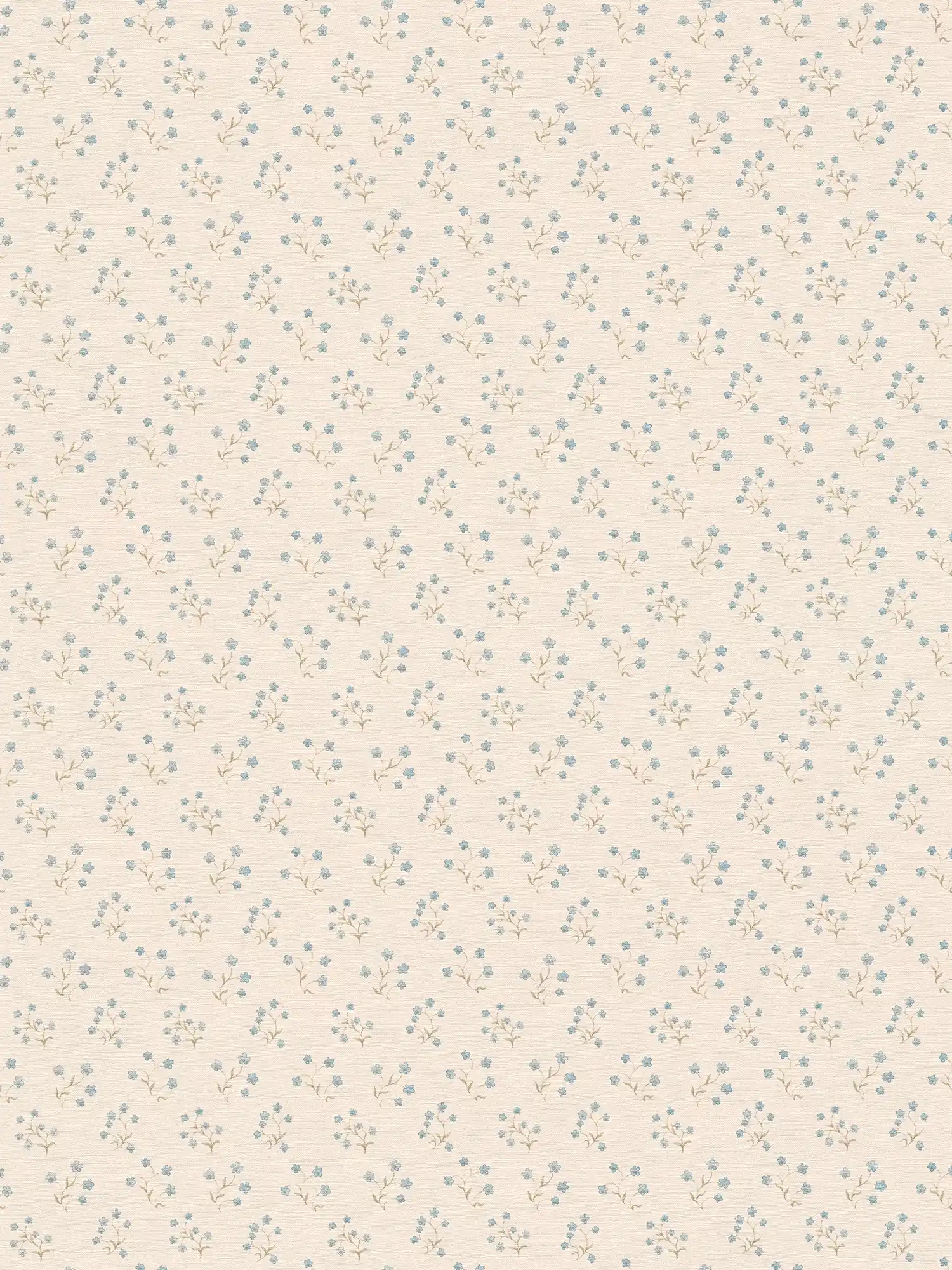 Floral wallpaper with small country house pattern - cream, blue, grey
