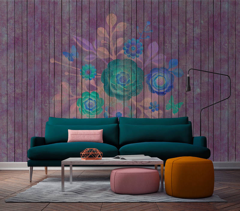             Sproeiboeket 1 - Fotobehang met bloemen op bordwand - Houten panelen breed - Blauw, Groen | Premium glad vlies
        