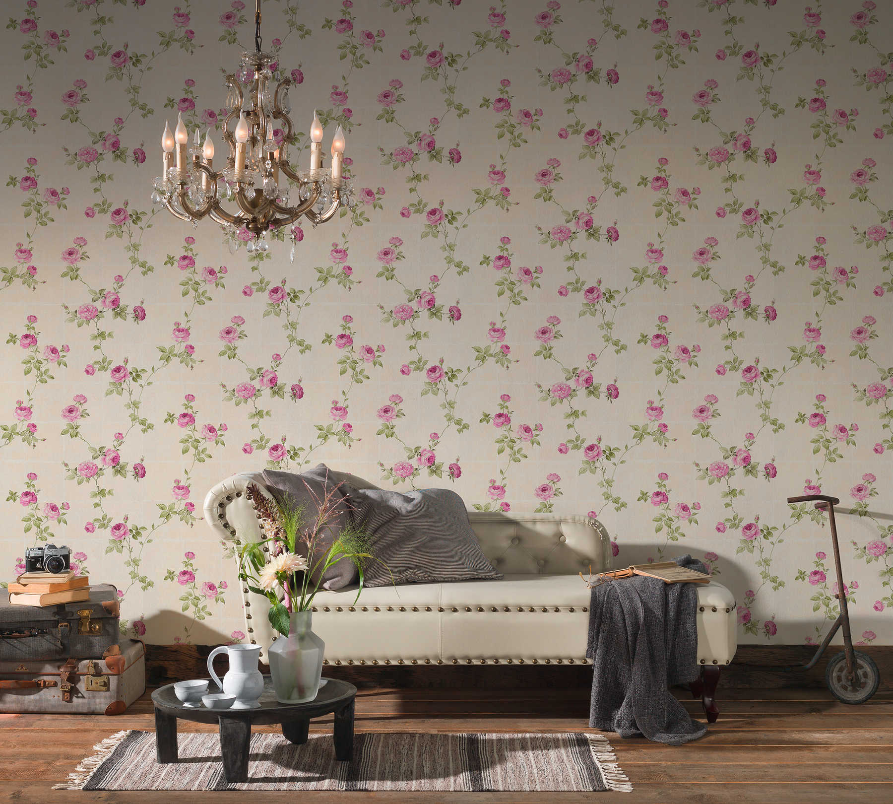             Tile look wallpaper with rose vines - beige, green, pink
        