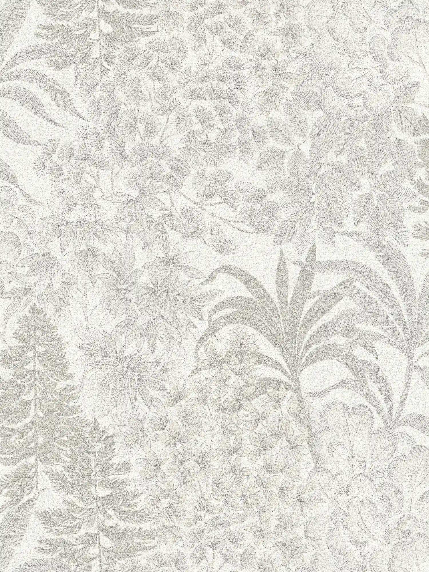 Papel pintado floral ligeramente brillante en un color sutil: blanco, gris, plata
